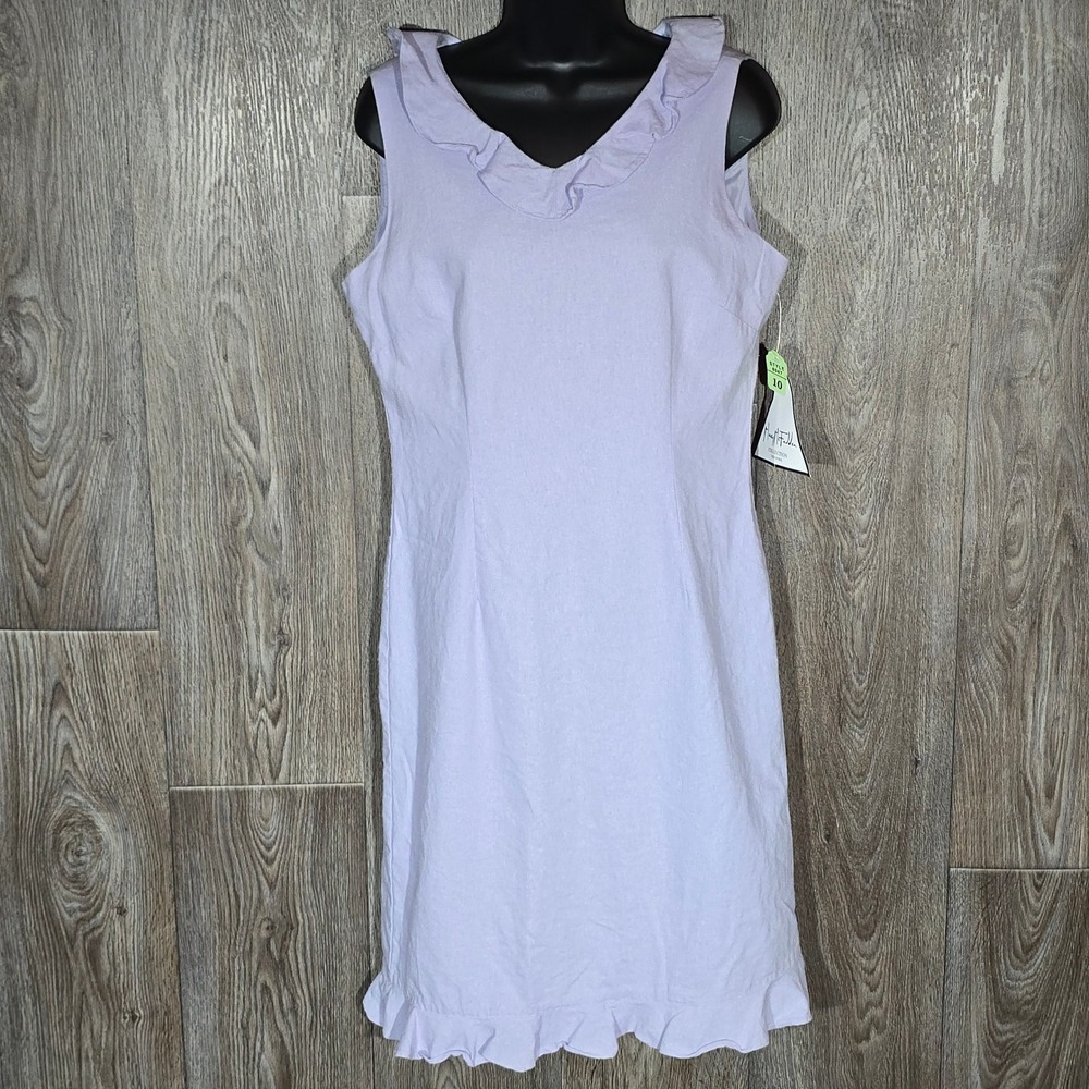 Vintage MARY MCFADDEN Collection Linen Sheath‎ Dress 10 Lilac Ruffle Y2K 90s